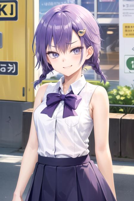 (extremely detailed CG unity 8k wallpaper), (masterpiece), (best quality), (ultra-detailed), (best illustration), (best shadow), (absurdres) <lora:asumi-10:0.8>, kominami asumi, small breasts, hair ornament, (white shirt, sleeveless shirt), purple bow, (long skirt, purple skirt), smug, looking at viewer, smirk