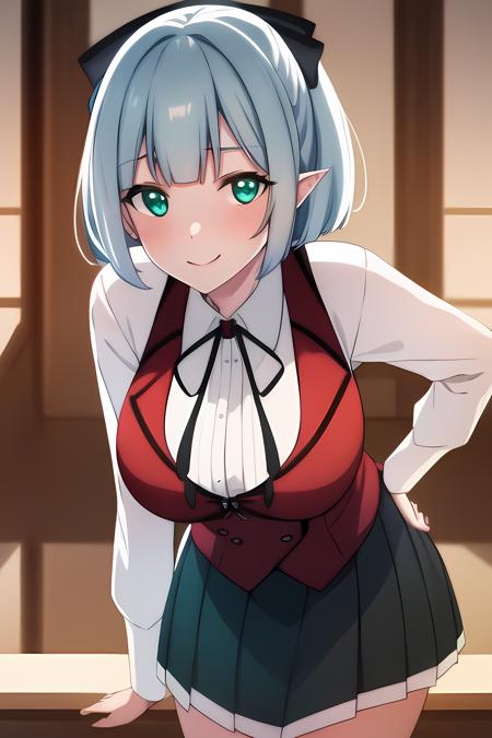 ((masterpiece, best quality)),1girl,(green_eyes)BREAK,standing, lack_skirt, blue_hair, (black bow), cowboy_shot, long_sleeves, looking_at_viewer, pleated_skirt, pointy_ears,(red_vest:1.2)BREAK,ribbon, school_uniform, shirt, short_hair, skirt, smile, solo,white_shirt smile, solo,,extremely detailed CG unity 8k wallpaper, perfect lighting,Colorful, Bright_Front_face_Lighting,White skin, (masterpiece:1.0),(best_quality:1.0), ultra high res,4K,ultra-detailed, photography, 8K, HDR, highres, absurdres:1.2, Kodak portra 400, film grain, blurry background, bokeh:1.2, lens flare, (vibrant_color:1.2),professional photograph,Beautiful,medium_Breasts, (beautiful_face:1.5),(narrow_waist),Beautiful Finger,Beautiful long legs,Beautiful body,Beautiful Nose,Beautiful character design, perfect face,perfect balance,