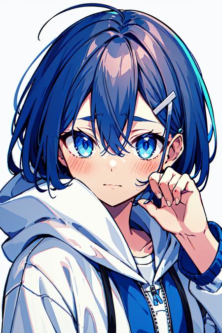 masterpiece, best quality, ultra-detailed, <lora:Oshioshio:0.8>1girl, solo, blue eyes, hood, hair ornament, blush, blue hair, short hair, looking at viewer, hairclip, hood up, bangs, closed mouth, jacket, hair between eyes, upper body, white hoodie, hooded jacket, hoodie, long sleeves, white jacket, portrait, blue background, hand up, simple background