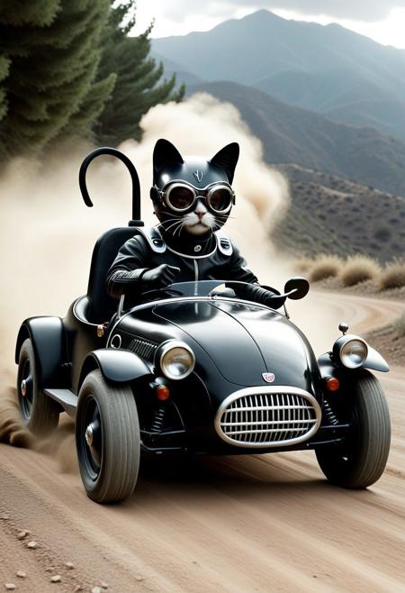 (black and Creepy:1.3), from side, closeup full body shot, closeup cute small classic sports car, cat driving on, wear round goggles, wear animal ears helmet, wear black armor, thumbs up, run through on mountain dirt road, Dust cloud, cinematic, cinematic lighting, (masterpiece, best quality:1.4), ultra-high res, 4k, Photorealistic, insanely detailed, sfw,