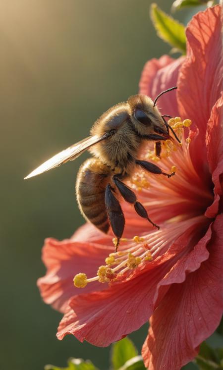 macro photography, bee, (pollen), red hibiscus, morning dew, golden hour, light rays, <lora:add-detail-xl:1>