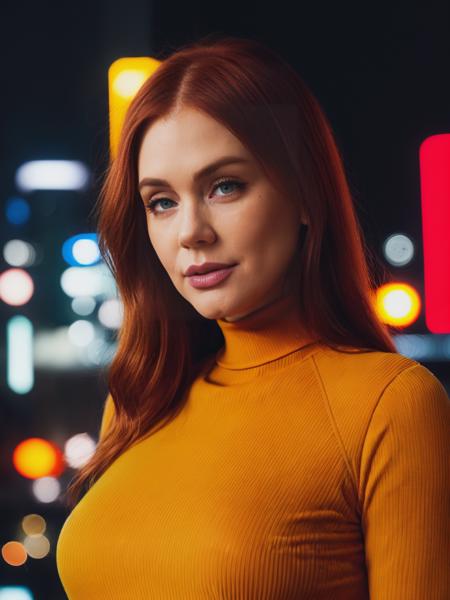 (sfw!), (closeup:1.2!), maitward, A RAW photo of a beautiful redhead woman, (yellow long sleeve turtleneck dress:1.2!), (futuristic_city_street with neon_lights!), (skyscrapers), (raining!), HDR, UHD 8K, full detail, detailed face, soft lighting, film grain, photorealistic, 8K, UHD, DSLR, (cinematic:1.4), <lora:epiNoiseoffset_v2:0.6>,  <lora:add_detail:0.5>