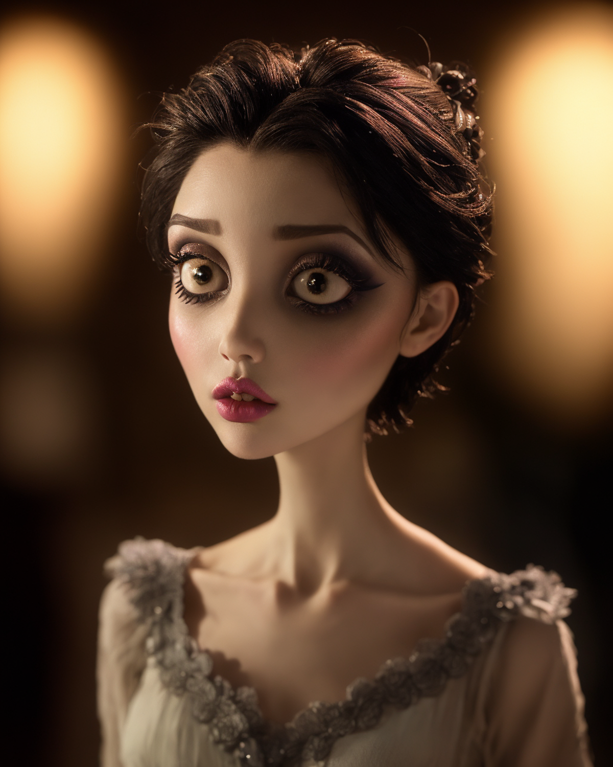 A Skeleton Woman in a Dress with Large Eyes and Dark Hair.