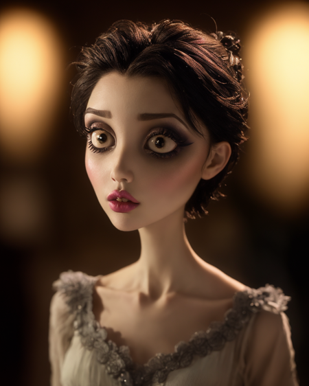 by TimBurton Animation <lora:TimBurton_Animation_offset:1.2>, 1girl, solo, blurry, blurry background, black hair, wide-eyed, short hair, horror \(theme\), lips, dark, makeup, portrait, black eyes