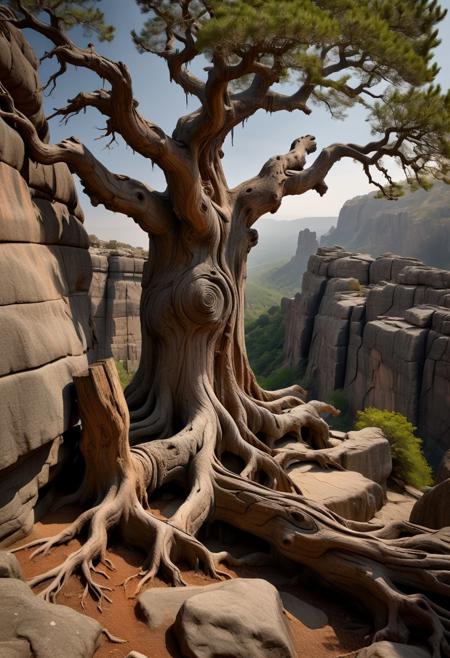 beautiful shot of an huge, gnarled, and ancient tree with exposed roots over a granite cliff, climbing on it, 100mm f/2.8 macro lens, depth of field
