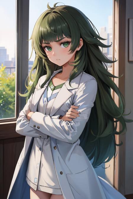 (masterpiece, best quality:1.2), cowboy shot, solo, 1girl, hiyajo maho, serious, closed mouth, looking at viewer, crossed arms, green hair, labcoat, white shirt, bottomless <lora:steinsgate_hiyajo:1.0>