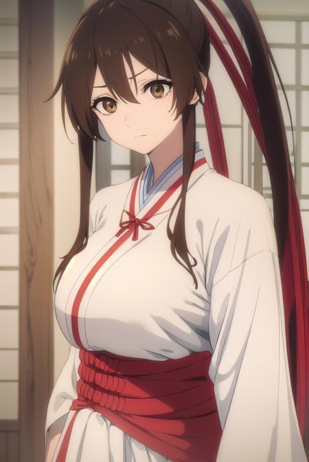 sagiri yamada asaemon, long hair, black hair, ponytail, high ponytail, (brown eyes:1.5), japanese clothes, kimono, hakama,