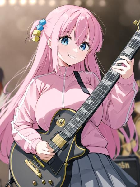 <lora:boki:1>,1girl, gotou_hitori, solo, pink_hair, instrument, long_hair, cube_hair_ornament, jacket, guitar, track_jacket, pink_jacket, electric_guitar, holding, hair_ornament, holding_instrument, skirt, gibson_les_paul, bangs, blue_eyes, closed_mouth, hair_between_eyes, pleated_skirt, playing_instrument, music, long_sleeves, blurry_background, plectrum, smile, blurry, one_side_up, grey_skirt, breasts