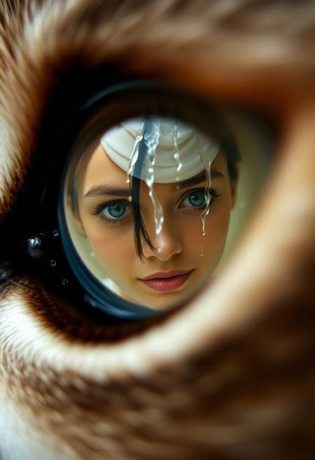 extreme close up portrait of a cat's eye reflecting a young beautiful woman washing her hair in a glass shower as the water pours down her tan skin,  the cat's eye has takes up 85% of the image