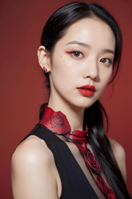 fashion photography, upper body:1, 1girl, (in red rose garden background:1), ((black hair)), ((Slicked Hair)), (face front), wear  red roses dress, emotional face, studio light, studio, (((makeup portrait, black eyes, red eyeshadow))), ((many red roses covered on her face))