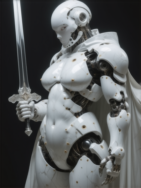 a white marble (plump:1.3) cyborg prototype holding glass sword,digital art,realistic,