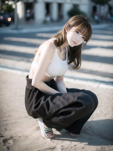 best quality, ultra high res, (photorealistic:1.4), 1girl, loose and oversized black jacket, white sports bra, (yoga pants:1), (light brown hair:1.2), looking at viewer,  full body, streets, urban, makeup, wide angle