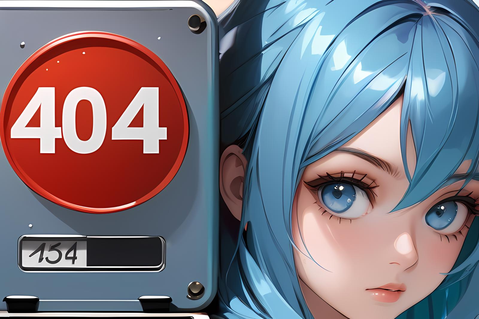 A close-up of a blue haired woman next to a red 4 on a box.