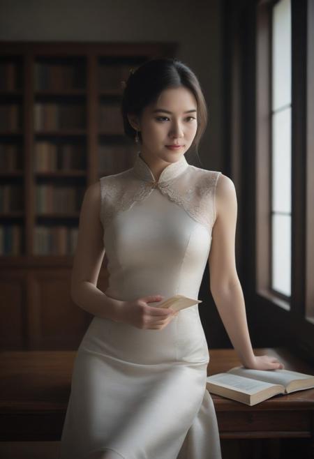 Young woman reading a book in a prvate queen library, look at viewer, brunette hair cascading over her shoulders, vivd colors  and soft whites, style candid photography, 
wearing (qipao, satin dress, short dress). (Antique royal gown:1.2) with intricate embroidery, lace collar, and gold accents, worn by a regal queen, her posture elegant and poised, mood relaxed,
looking at viewer, smiles a little, 
lighting natural light streaming through a nearby window, perspective over-the-shoulder, texture soft wool sweater and glossy wooden table.
shallow depth of field, vignette, highly detailed, high budget, bokeh, cinemascope, moody, epic, gorgeous, film grain, grainy,