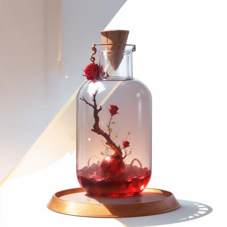 MagicItem_v1 <lora:MagicItem_v1:1> white background, exotic glass bottle, red liquid, rose crystal, health potion, gold filigree, masterpiece, professional quality