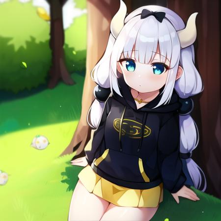 1girl, kamui, black hoodie, yellow skirt with a heart  pattern, thick green lizard tail, white horns, sitting on a tree branch, <lora:kamui-01:1>