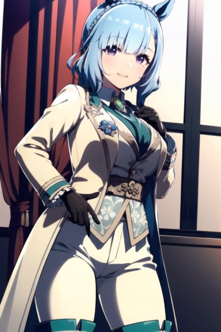 best quality,masterpiece, high res,original, beautiful detailed eyes,ultra-detailed, mejiro ardan \(dance\), smile, gloves, black gloves, long sleeves, looking at viewer, brooch, jacket, white jacket, vest coat, shirt, collared shirt, jewelry, pants, white pants, necktie, boots, thigh boots, official alternate costume 
<lora:mejiroardanlove:1>