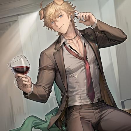 <lora:longshelanV2:0.5>, 1boy,  blonde_hair, aqua eyes, ((solo)), sunglasses, earrings, ((dog ears)), jewelry, ,bishounen,cowboy_shot, dappled_sunlight,  (bare body), ((brown pants)),(((underwear))),male_focus,collared_shirt,couple_cup,drinking_glass,(((necktie))),jewelry,male_focus,necktie,necktie_grab,red_wine,ring,shirt,sitting,veins,veiny_arms,whiskey,wine,wine_glass,  god rays