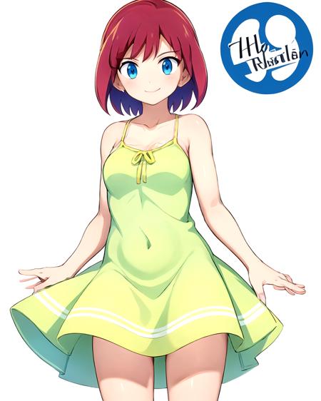 Short hair,  red hair,  blue eyes,  yellow sundress,  smile,  (white background:1.3),  cowboy shot,  solo, <lora:EMS-43683-EMS:0.700000>