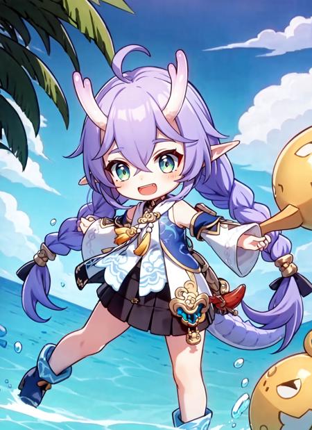 chibi,original, 
 <lora:BailuHonkaiStarRail_v10:0.7>, 1girl, solo, bailu \(Honkai Star Rail\), cute,  purple hair, long hair, green eyes, plaits, braids, clothes, blue and white clothes, detached sleeves, black skirt, woolen skirt, swim, smile, short boots, open mouth, gourd, yellow tassels, dragon horns, bare legs, look from side, ocean, dragon tail, purple tail, tail, elf ear,, masterpiece, best quality,