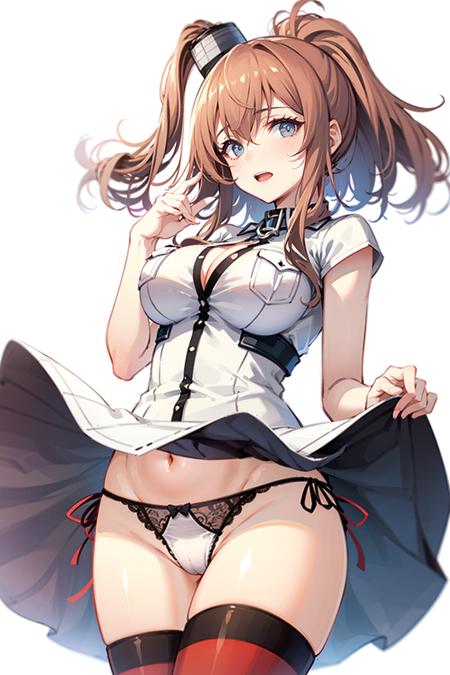 masterpiece, best quality,  (1girl, solo), (simple background,white background:1.3), (straight-on:1.5), solo focus, looking at viewer,whitesara, 1girl, solo, breasts, underwear, panties, large breasts,(red thighhighs), breast pocket, wind lift, white dress, white background, wind, simple background, side-tie panties, cleavage, white panties, looking at viewer, open mouth, from below <lora:saratoga-000008:1>