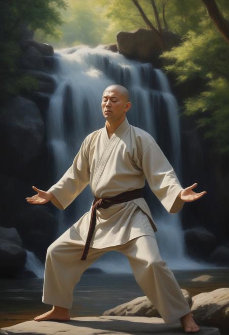 a Caucasian Zen monk practicing tai chi, eyes closed wearing a judogi, in Yang position, sunny exterior, forest and waterfall background, 16k, masterpiece, highly detailed photo-realistic oil painting by Greg Rutowski, cinematic lighting