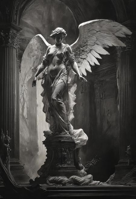 (Floating, colossal, futuristic sword in the sky,The angel knelt under the sword:1.4),awe-inspiring and serene,in the style of Stuart Lippincott:2,with detailed composition and subtle geometric elements,This sanctuary-like atmosphere features crisp clarity and soft amber tones,(In contrast, tiny angel figures surround the sword:1.2),creating a sense of scale and tension against the grandness of the statue,The piece incorporates flowing draperies,reminiscent of Shwedoff and Philip McKay's styles,in the style of atmospheric photograms,black and white ink drawings,trompe-I'ceil illusionistic detail,fleeting brushstrokes,firecore,aerial view,bibliographic anomalies,(The quality of the movie is Kodak film:1.6),surrealism,asymmetry,high saturation,European classicism,line art,ivan shshkin,<lora:çº¿ç¨¿å¤§å¸å å¼ºç_v1.0:0.5>,<lora:ç­æ¢¦å·¥ä¸ _ ç¯å®¿ææ¸¯-é£è¹XL_v1.0:0.7>,