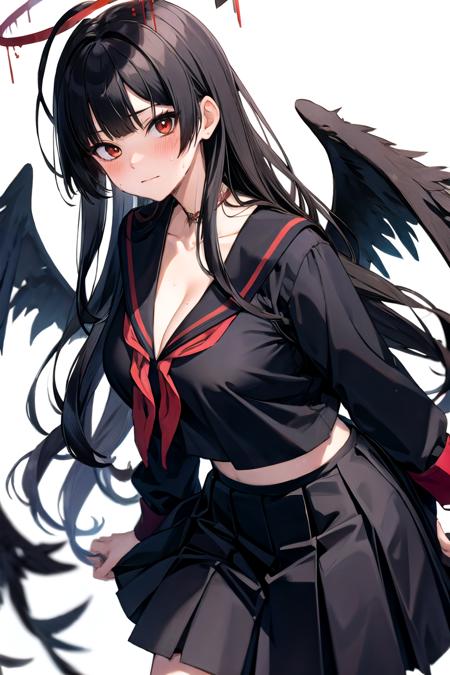 tsurugi ba, blush, pleated skirt, school uniform, long sleeves, sweat, looking at viewer, very long hair, white background, black wings, simple background, large breasts, halo, black skirt, red eyes, closed mouth, wings, solo, black serafuku, red neckerchief, black hair, 1girl, cleavage, long hair, blunt bangs<lora:tsurugi_ba:1>