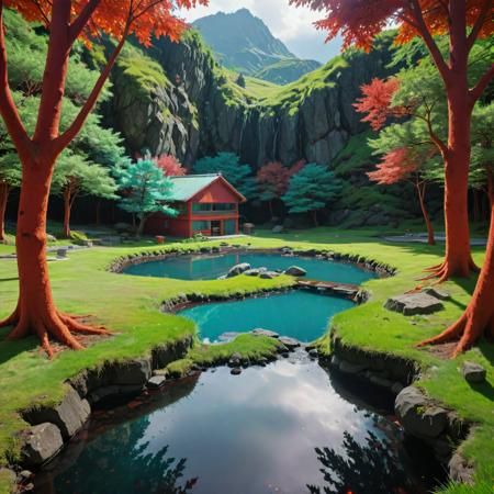 anime key visual, fairy tale, landscape of a Verdant Plush Charcoal and Ruby Red (Kjeragbolten:1.3) from inside of a Laboratory, Teal water with Sycamore, Spring, Shameful, Decora, Reflected light, macro lens, Fujicolor, Orange paint splotches, cosmic energy, artstation, wallpaper, (stylized by Krenz Cushart:0.9) , (Yoshitoshi Abe:0.9)