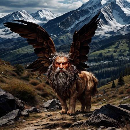 highly detailed  documentary photo of a (lamassu:1.1) standing on a hillside,

lamassu, solo, wings, paws, crown, facial hair, beard, standing,

((looking at viewer, facing viewer)),

realistic:1.3, depth of field, blurry, blurry background,

open hilly terrain,

photorealistic,
ultra photoreal,
32k, natural light,
sunbeams,







