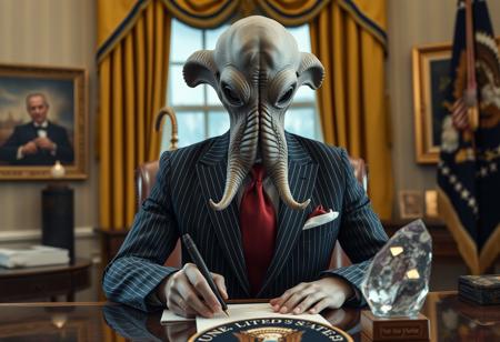 president cthulu in a sharp pin striped suit posing for presidential portrait in the oval office, real photograph, signing bill, empty eyes, lovecraftian, vote for cthulu photorealistic, correct hands, correct fingers, seal of the president of the united states, ad to vote, republican, election, decorative otherworldly crystal on desk