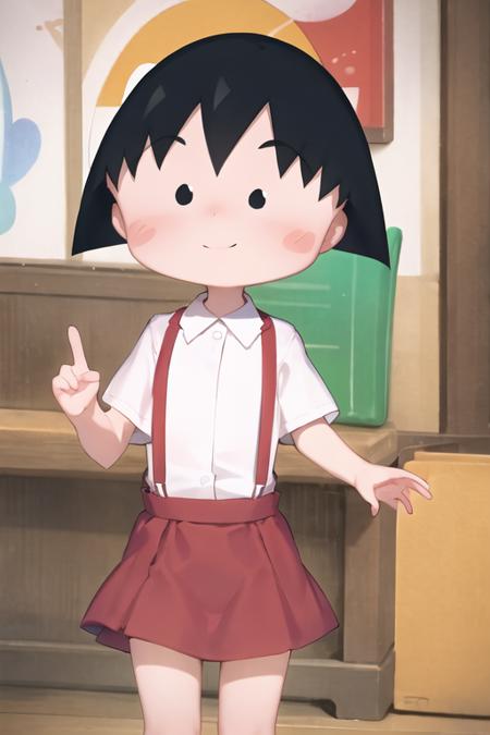 chibi, cbmrk, suspenders, black hair, short hair, red skirt, white shirt, smile, <lora:chibi_maruko-000003:1>