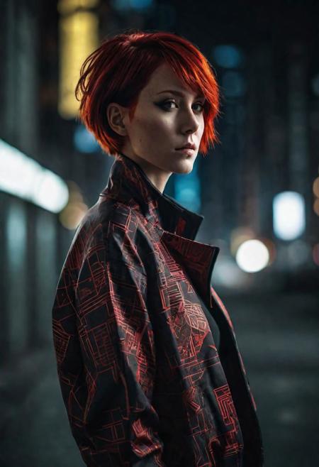 Modern cyberpunk girl, red short hair, motionless, in a pattern jacket, unadorned face, in dimly lit minimalist city, serene atmosphere, soft shadows, balanced composition, understated elegance, tranquil mood