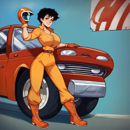 score_9, score_8_up, score_7_up, score_6_up, score_5_up, score_4_up, a girl standing by a car smiling,  tessdarrett, large breasts, pole_position, short hair, black hair, brown eyes, <lora:TessDarrett_XL:1> orange and white bodysuit, boots, gloves, holding a helmet, solo,