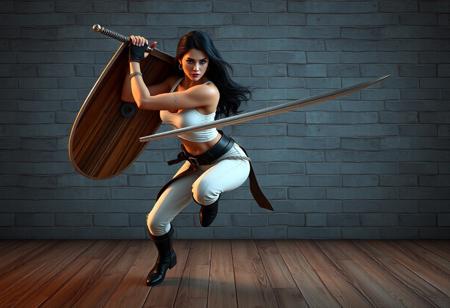 A powerful sexy Amazoness Swords Woman in a dynamic battle pose, wielding sword and shield, wearing a white tank top, pants, and black boots. Standing on a wooden floor against a gray brick wall. Cinematic matte painting, Splash Ink Illustration elements, Octane Render, Unreal Engine 5 render, trending on Artstation, CGSociety, Golden Ratio composition. 4k resolution, highly detailed face, eyes, and clothes, sharp lines, vibrant colors, impeccable composition, dramatic lighting.