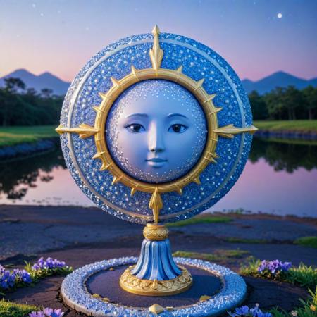 (designed by Yasutomo Oka:1.1) and (Sakimichan:1.3) , anime key visual, masterpiece, long shot of a Pastel Hateful Royal Blue and Silver Vintage (Celestial equator:1.3) , it is anthropomorphic with a face, it is made from Honeycomb, near Ornate lava pit, dense flower field and pond, at Dusk, soft focus, Happy, Cutepunk, Cold Lighting, 800mm lens, Kodak portra, Temari, multidimensional, trending on artstation, beautiful