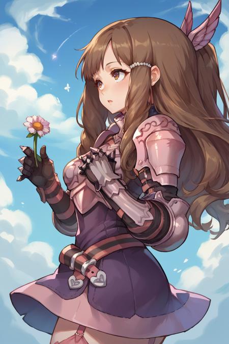 sumia, brown hair, brown eyes wing hair ornament, purple dress, short dress, belt, armored dress, pink armor, gauntlets, garter straps, thigh boots