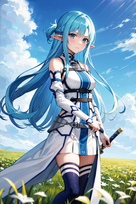 anime girl with blue hair and sword