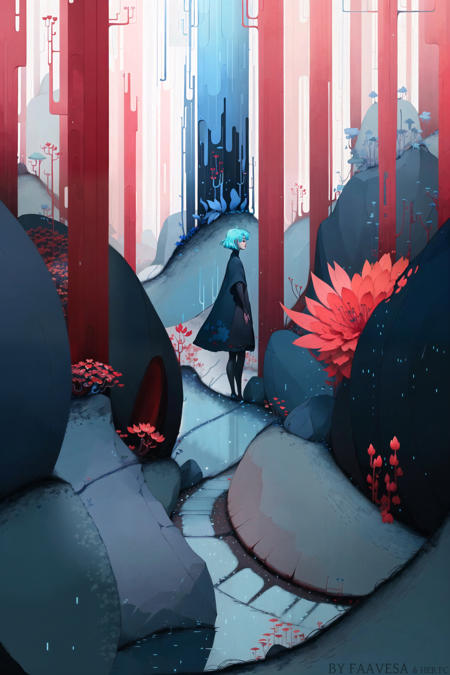 girl walking in rainy forest, lake, short blue hair, ((perfect face)), long dark wide cape, pots with red flowers, calm, sharp focus, (masterpiece, best quality:1.2), artstation, cartoon style, flat colors, grisgame style, <lora:grisgame:1>