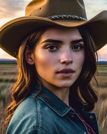 AdriaAchz, (intricately detailed:1.2) RAW photo of a female rancher, (medium close-up), face focus, wearing a cowgirl outfit, denim and flannel under a fringe-trim jacket, artistic composition, standing near an old barbed-wire fence on the Western Kansas plains, expansive emptiness, languid loneliness, (contemplative pose), volumetric lighting, high resolution, (masterpiece, best quality:1.5), <lora:+ Unhorny_(-3.0-4.0) v01:1.5>,