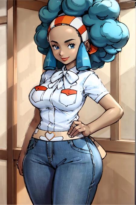 (masterpiece, best quality:1.2) lenora, pokemon, 1girl, solo, looking at viewer, blue hair, big hair, afro, sidelocks, dark-skinned female, lipstick, lips, smile, blue eyes, shirt, large breasts, thick thighs, white shirt, short sleeves, hairband, collared shirt, pants, bowtie, apron, white bow, denim, jeans, blue pants,  <lora:kenSugimori1990sClassic_v12:0.7> <lora:LENORA-15:0.8>