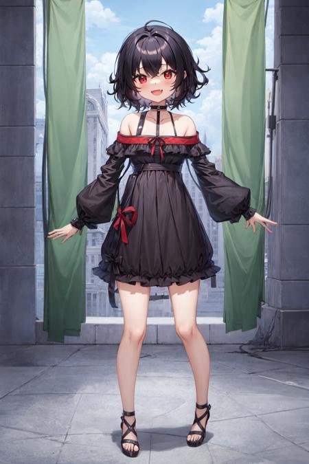 best quality, masterpiece, 1girl, black hair, short hair, red eyes, messy hair, skin fang, :D, full body,