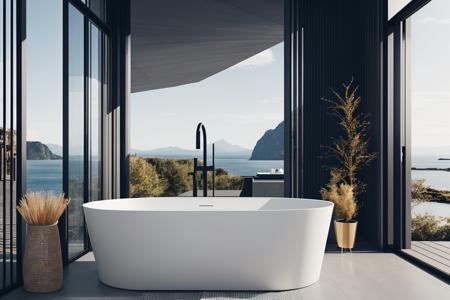 Interior design, simple, minimalist, bathtub, retro,(masterpiece),(high quality), best quality, real,(realistic), super detailed, (full detail),(4k),modern, fashion,grand, vista,