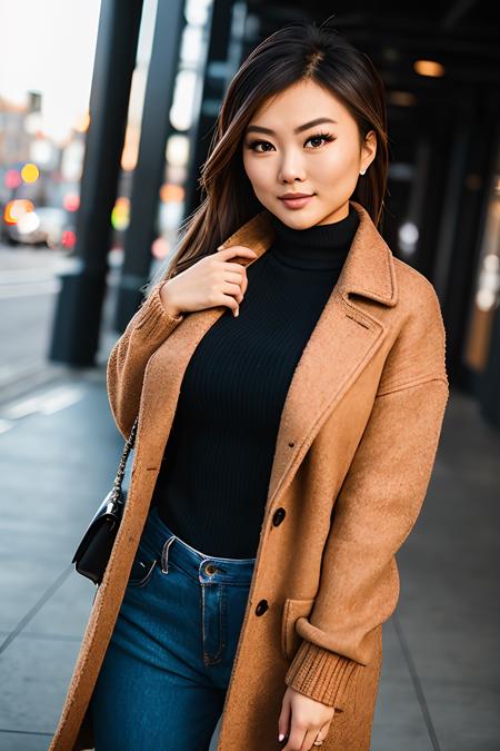 photo of (v1ck1li:0.99), a woman, RAW, close portrait photo, long brown coat, (turtleneck sweater), (trousers), (high detailed skin:1.2), 8k uhd, dslr, soft lighting, high quality, film grain, Fujifilm XT3 sharp focus, f 5.6, (closeup portrait)