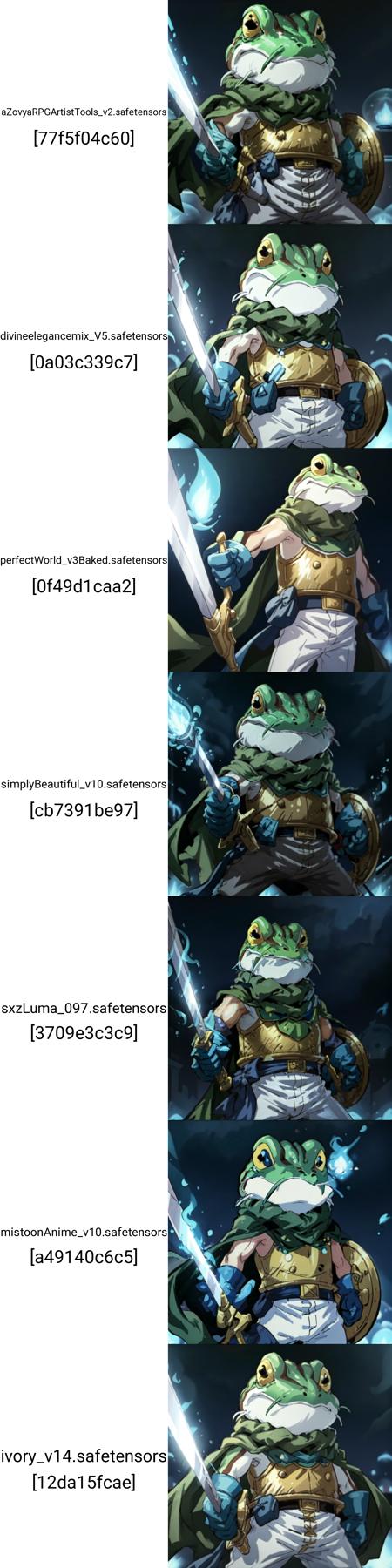 masterpiece, best quality, cartoon, solo, 1boy, Frog_CT <lora:Frog_CT:0.8>, gold breastplate, holding sword and shield, glove, white pants, green cape, dark scene, (blue fire, blue lights)