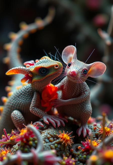 surreal VFX, nano-dragon and nano-rat best friends for life seen under an electron scanning microscope, with details, vivid colors