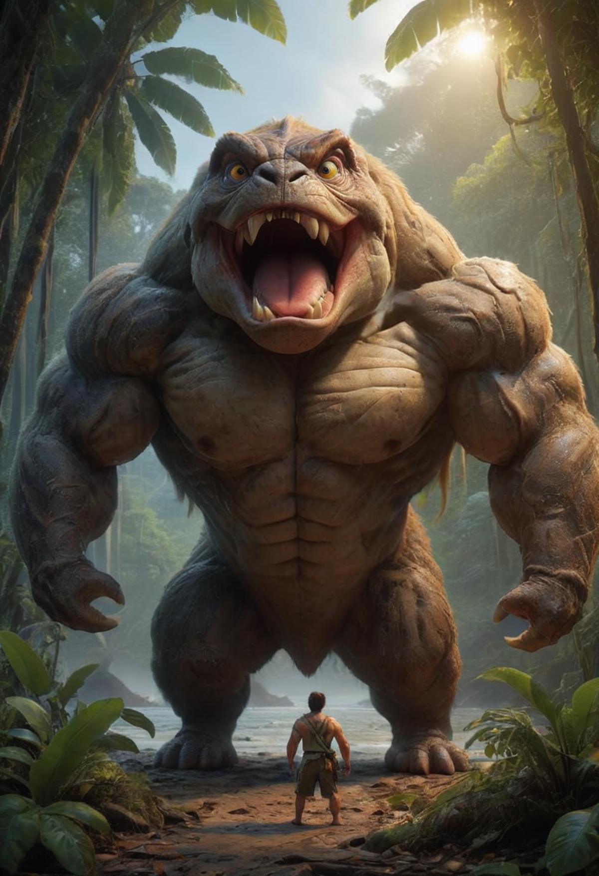 Cartoon Monster with Muscles and Teeth, Open Mouth, and Large Fangs.