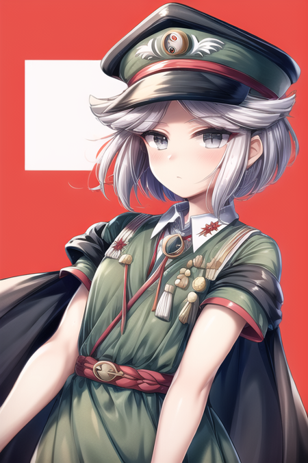 fujiwara no shirogane no sanra, white hair, grey hair, boots, androgynous, military hat, green dress, military uniform, short hair, black cape, yin yang \(ornament\), collared shirt