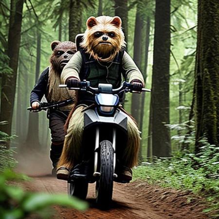 A full body photo of an Ewok on Endor, it's carrying an Uzi and riding an ATV, 
It looks cute and adorable yet fierce at the same time, The Ewok equivalent of Rambo, funny, 
highest quality, exceptional accuracy and realism,