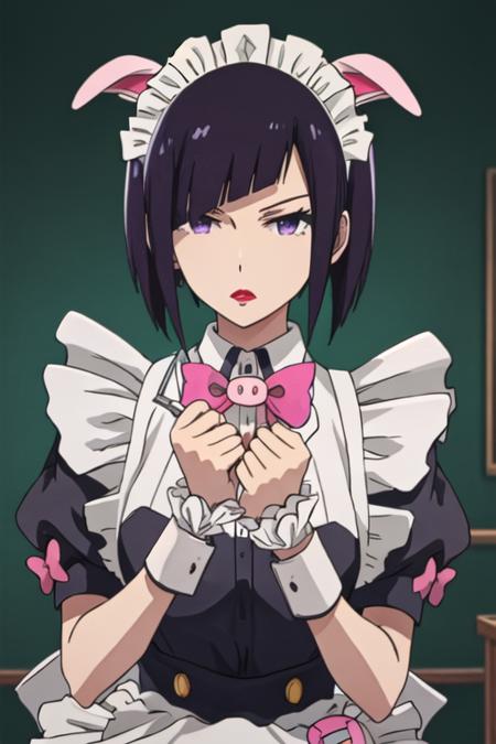 best quality, masterpiece, highres, solo, {maid:1.40}, {long maid dress:1.15}, {mannen_ranko_akibameidosensou:1.15}, short_hair, purple_eyes, black_hair, maid_headdress, bow, bangs, animal_ears, purple_hair, pink_bow, apron, lipstick, pig_ears, fake_animal_ears